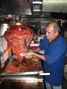 Street tacos in Mexico are always the best, freshly sliced of a rotating spit of layered spiced meat.