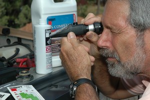 A refractometer can be used to determine the freeze point protection.