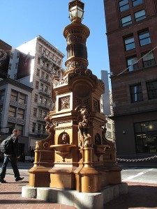 The famous Lotta’s fountain on Market Street was dedicated on September 9, 1875 and the cast iron pillar was donated by Lotta Crabtree in 1916.