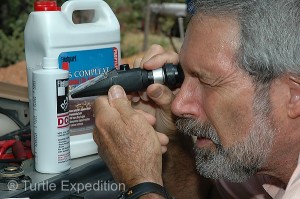A refractometer can be used to determine the freeze point protection.