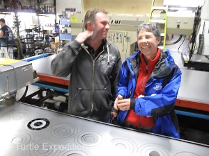During a tour of the expanded ATS manufacturing facilities owner, Clint Cannon, showed Monika the new Ubangi earrings he is making. You can tell, we were all laughing!