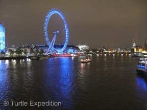 The London Eye is a giant Ferris wheel situated on the banks of the River Thames. It is the tallest Ferris wheel in Europe.