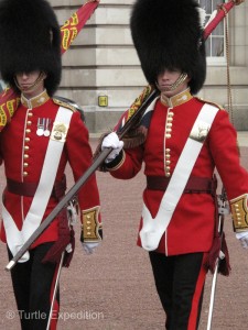 The Flag Bearers. See the different placement of buttons? On the right is an Irish Grenadier Guard---we think.