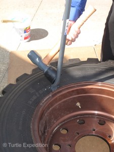 A T52 Bead Breaker and T35 Heavy Duty Tire Hammer were used to separate the tire from the rim. We could also use our Hi-Lift Jack for the job.