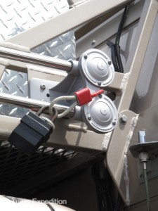 Fiamm marine air horns were secured with a lock and heavy cable.