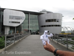 Bertrand, the bear from the Espar factory, got to tour The Volkswagen Transparent Factory. 