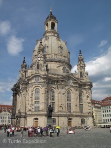 The Lutheran Frauenkirche (1738) was destroyed in WW II and painstakingly restored only after the unification of Germany.