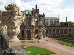 This section of the Zwinger houses a world renouned porcelain collection. The clock rings on the hour with bells of what else, porcelain.