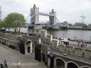 Viewed from the ramparts of the Tower of London castle, the Tower Bridge is a major landmark of the city.