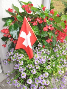 Every house is decorated with Swiss flags and red cups with candles