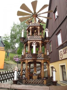 This large outdoor Christmas Pyramid is wind powered.