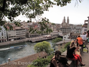 The Limmat River flows out of Lake Zurich through the center of town.