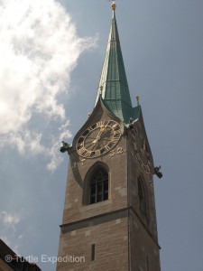 The steeple of the St. Peter church, one of the four main churches of the old town of Zurich, features a clock face with a diameter of 8.7 m, (28.5 feet). It is the largest church clock face in Europe. The bells date to 1880.