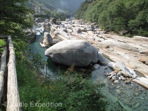 The aqua blue river flowing down the Verzasca Valley is startlingly clear.