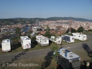 After following our Garmin GPS on a tortuous route through downtown Bilbao including a one-lane road that required low-range to navigate, we arrived at a beautiful RV campground overlooking the city. Yes, there was an easier way.