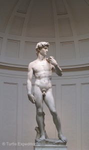 The real deal, the famous statue of David, the masterpiece of Renaissance sculpture created between 1501 and 1504 by the Italian artist Michelangelo.