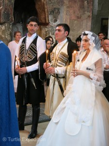 This wedding party appeared in their Chokha, a traditional outfit from the 9th century. It was rarely seen under Soviet rule but now it's a strong show of Georgian national pride.