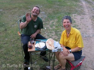 A local guy named Thoma waded across the stream with homemade bread, cheese and wine. Monika had already cozied up to a local dog. We may need to stay here another day.