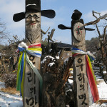 Decorated wooden statues were placed all around Hahoe village.