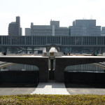 The Hiroshima Peace Museum (behind the Peace Pond in this photo) is located in Hiroshima Peace Memorial Park. Japan dedicated it to document the atomic bombing with the additional aim of promoting of World Peace.