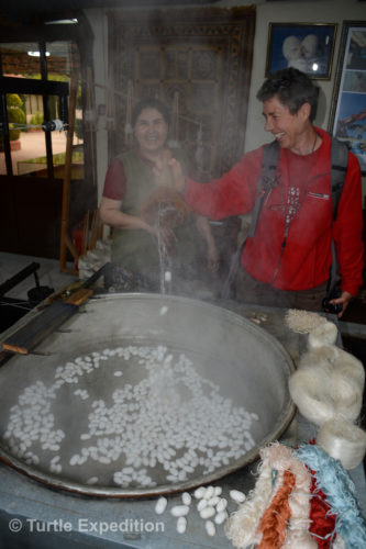 Monika is trying her hand on the art of unraveling silk cocoons. The water is very hot.