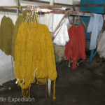 The hanks of dyed silk are hung to dry.