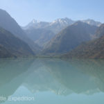 The beautiful Iskandar Lake gets its turquoise color from the glacial origin in the Gasser Range in the Fann Mountains.