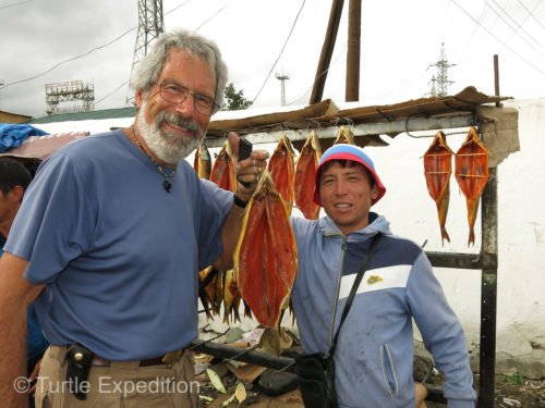 Gary couldn't pass up some smoked lake trout sold by this street vendor on Lake Ysyk-Köl.