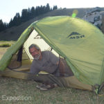 Gary is testing our Chinese guide's tent. Coincidentally, her chosen English name was Green.