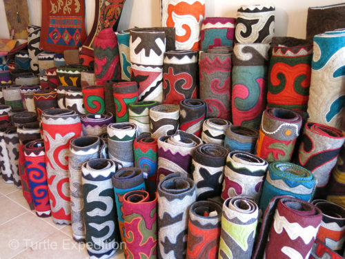 These beautiful felt carpets and hand-embroidered wall hangings are typically used in yurts but are also an attraction for tourists.