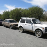 A row of old Lada Nivas date back to Russian occupation.