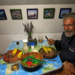 Lamb chops, corn on the cob, a fresh salad and a little white wine. Life on the road is good.