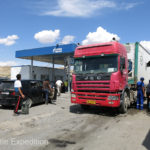 We were not the only ones who decided fill up before heading into China or north to Osh or Bishkek. Chinese overloaded dual-trailer semis will soon destroy the new road being built.