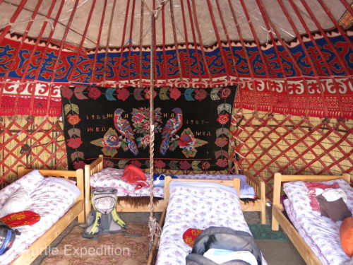 This cozy guest yurt at Sabyrbek Yurt Camp in Tash Rabat sleeps four.