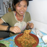 The first night on the road we prepared American style spaghetti and Green was learning how to eat noodles with a spoon and fork instead of chopsticks. She was a real sport.