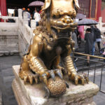 Two gilded lions were in front of the Hall of Mental Cultivation. One was playing with a ball and the other, (look closely), was playing with a baby lion cub. They were created in 1412.