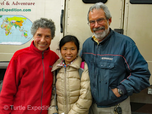 A final happy moment with Green, our constant companion throughout the crossing of China and the last leg of our Silk Road Adventure. We are still in contact with her.