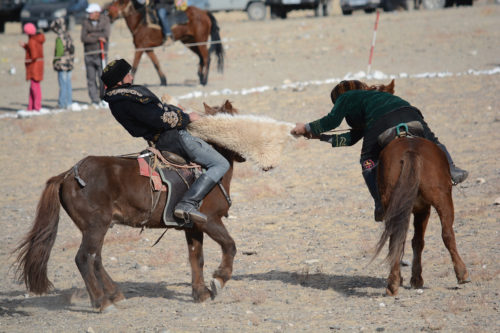 It was a fierce battle to the end until one of the riders ended up with the sheep carcass in his lap.