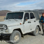 We sped across the Western Grasslands of Mongolia in this unheated rattle-trap UAZ, only slightly more comfortable than a camel would be.