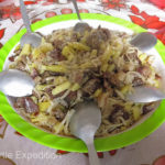 The girls prepared a delicious dish of mutton, noodles and potatoes, Kazakh style. Grab a spoon and dig in.