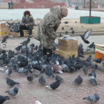 Even in freezing temperatures, locals still took time to feed the pigeons in the plaza.