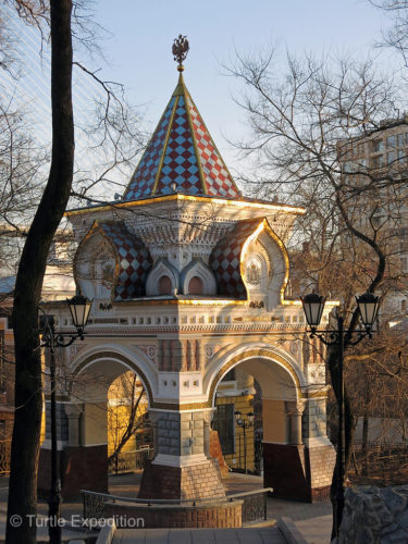 The original Prince Nikolai Arch was built to commemorate the visit of the future Tsar Nikolai II when he officially opened the beginning of the Trans Siberian railroad construction and Vladivostok’s train station in 1891. The Bolsheviks destroyed the building and this is a modern copy of the arch built in 2003.