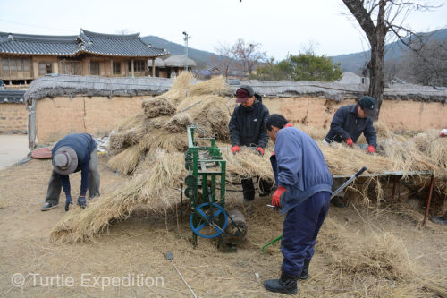 Locals were using an interesting rice straw stitching machine to create long rolls of roofing materials.