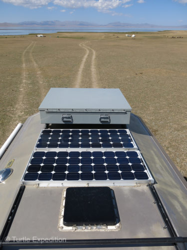 Two BP85 solar panels on the roof run through a Blue Sky Energy Solar Boost 3000i controller.