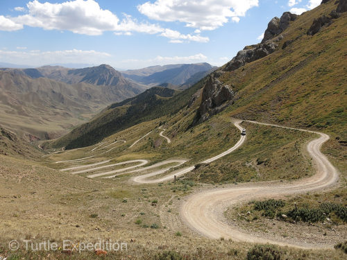 As we started down this amazing set of switchbacks in Kyrgyzstan, we could imagine a string of camels coming up heavily loaded with the treasures of The Silk Road.