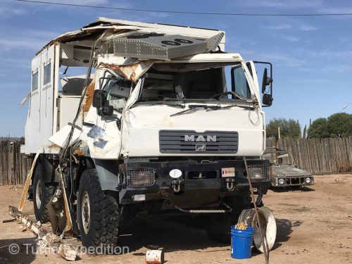 This ruined MAN German camper was a victim of the treacherously narrow Hwy 1.