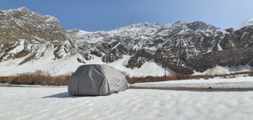 Winter was just beginning and with no garage, our friend’s new car is safe, at The Top of the World!