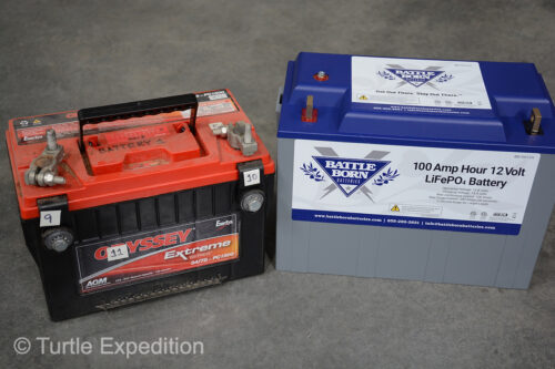 By upgrading the aging Turtle Expedition camper batteries we switched from four AGM to three 100 Ah 12 V LiFePO Battle Born Batteries.